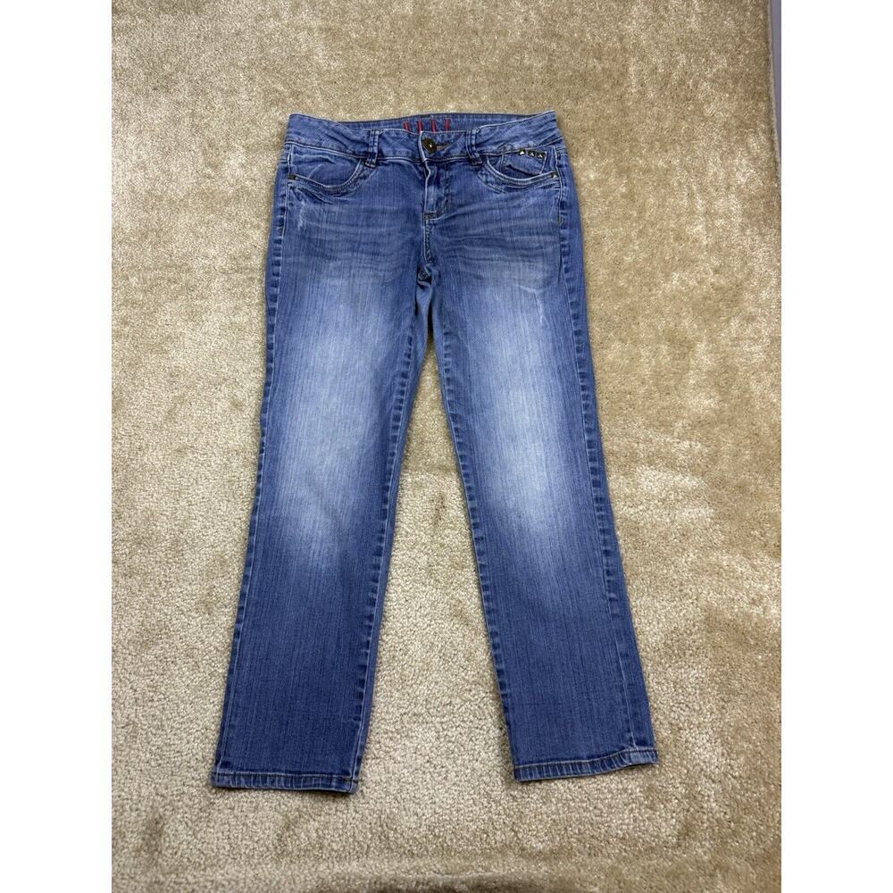 Elle Women’s Size 8 Whiskered Stud Detail Straight Leg Denim Blue Jeans A365